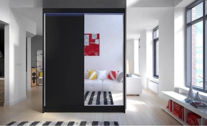 Šatní skříň Belgia I, Barva: černá + černá + zrcadlo, Osvětlení: osvětlení LED RGB - barevné