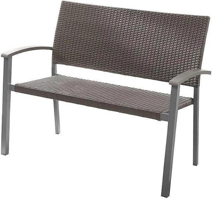 Ratanová lavice CALVIN ve šedé barvě s odlehčenou hliníkovou konstrukcí, umělým ratanovým výpletem a polywood područkami