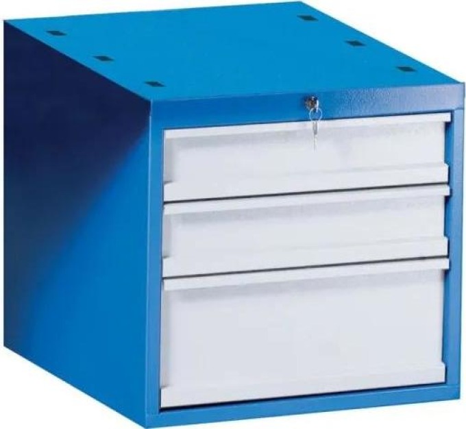 Závěsný dílenský box na nářadí k pracovním stolům GÜDE, 3 zásuvky, zámek, 510 x 592 x 470 mm, modrá / šedá