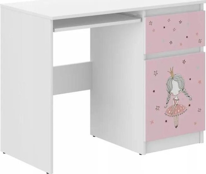 Dětský psací stůl s baletkou v růžovém provedení pro kluky i holky, rozměry 77x50x96 cm, vyrobený z bílé dřevotřísky s povrchovou úpravou dýhou