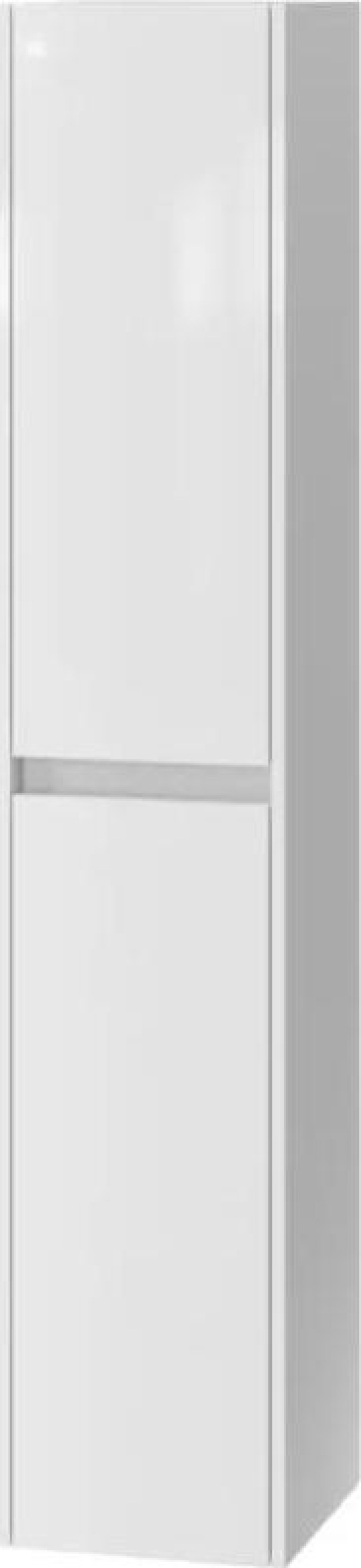 Vysoká závěsná skříňka do koupelny s bílým lesklým designovým sloupkem a 6 poličkami