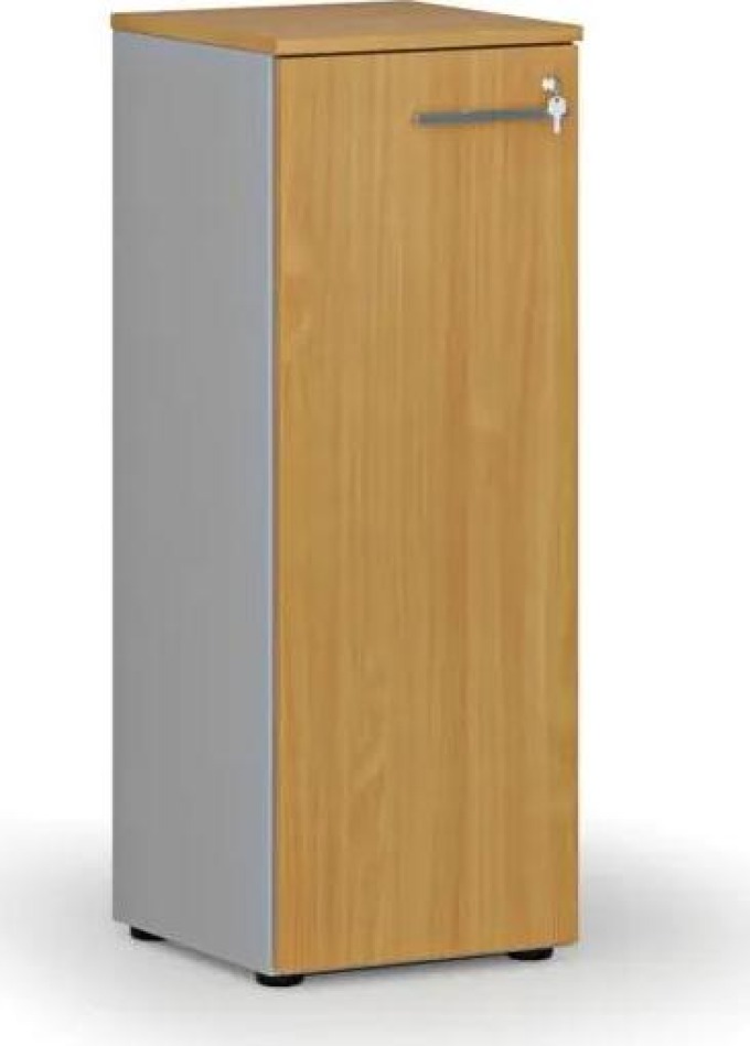 Nízká kancelářská skříň s dveřmi PRIMO GRAY, 1087 x 400 x 420 mm, šedá/buk