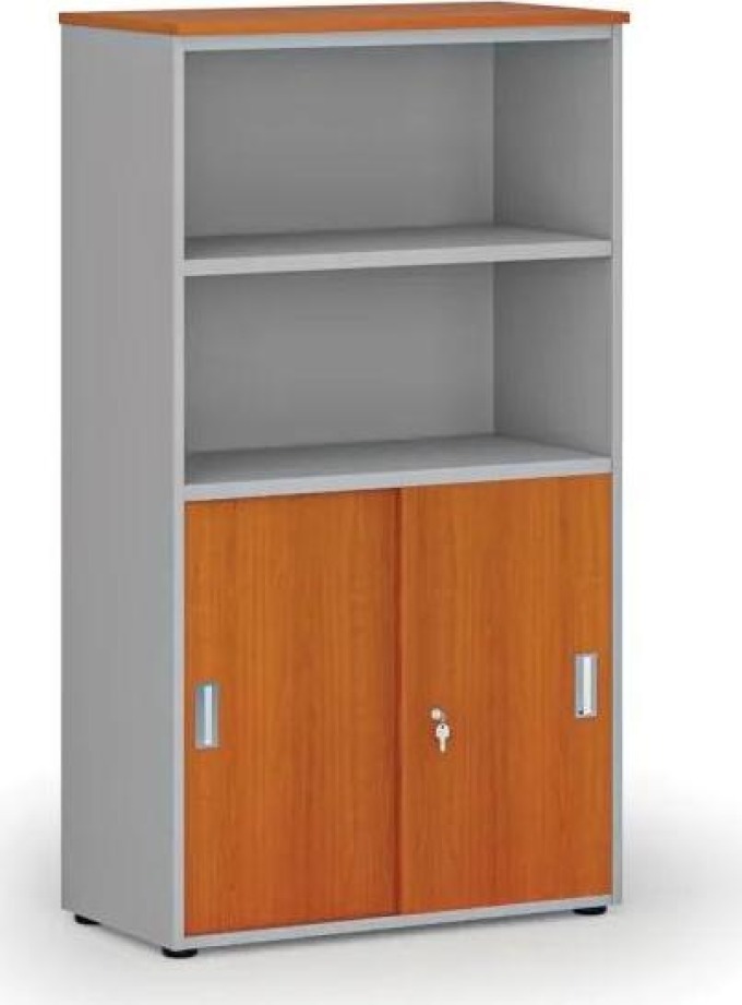 Kombinovaná kancelářská skříň PRIMO GRAY, zasouvací dveře na 2 patra, 1434 x 800 x 420 mm, šedá/třešeň