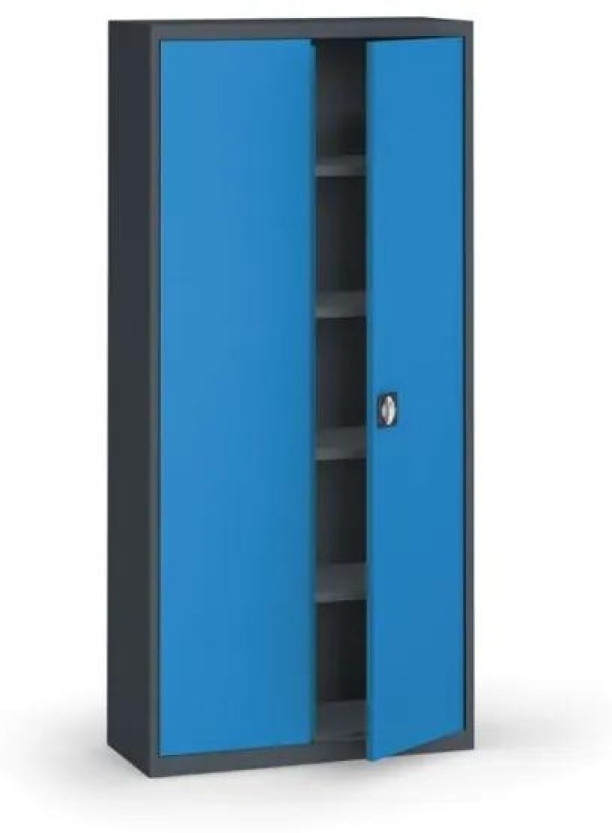 Plechová policová skříň na nářadí KOVONA, 1950 x 950 x 400 mm, 4 police, antracit/modrá