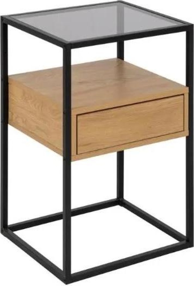Účelný noční stolek v kombinaci dřeva, kouřového skla a kovu pro vaši ložnici