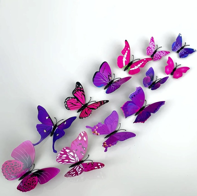 Samolepka na zeď "Realistické plastové 3D Motýli - Fialové" 12ks 5-12 cm