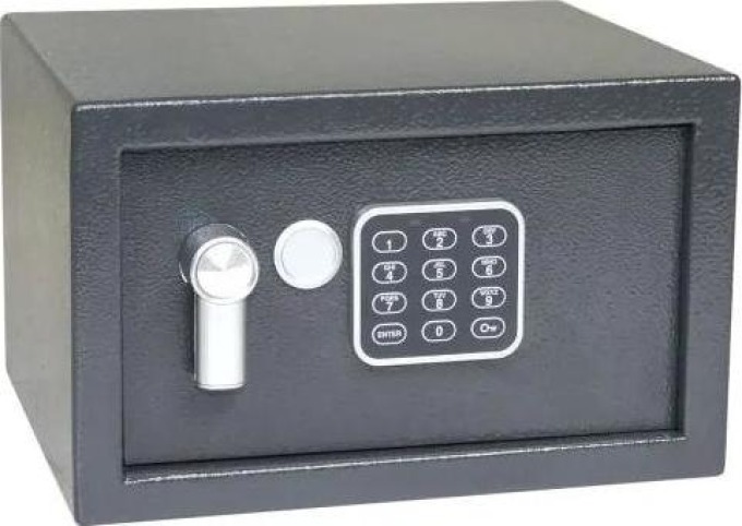 Elektronický sejf s rozměry 290 x 180 x 250 mm a objemem 10,6 l, šedé barvy (RAL7016), s možností ukotvení do zdi nebo podlahy, dodávaný včetně baterií, klíčů, plsti, hmoždinek a šroubů, vyrobený z oceli