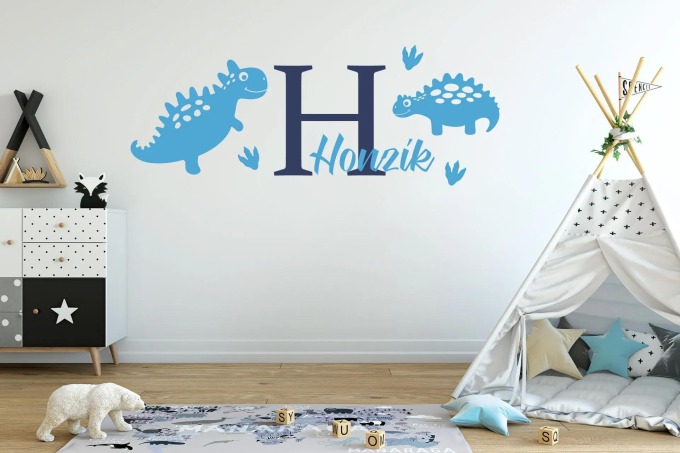 Lepy.cz Samolepka pro miminka Dinosauři + jméno pro kluky Kombinace barev: Ledová modrá + tmavě modrá, Velikost vzoru po nalepení: l20x46cm