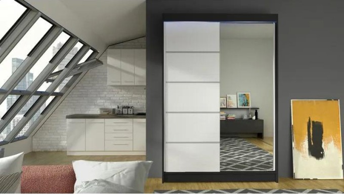 Posuvná skříň Parys III, Barva: černý + bílá + zrcadlo, Osvětlení: osvětlení LED RGB - barevné
