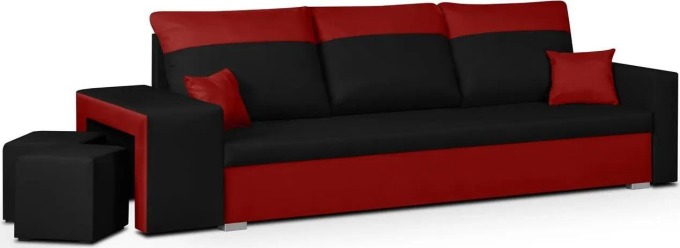 Rozkládací pohovka NEVADA Černá/Červená+2 Taburety - Elegantní třímístná pohovka s funkcí spaní a úložným prostorem na ložní soupravu