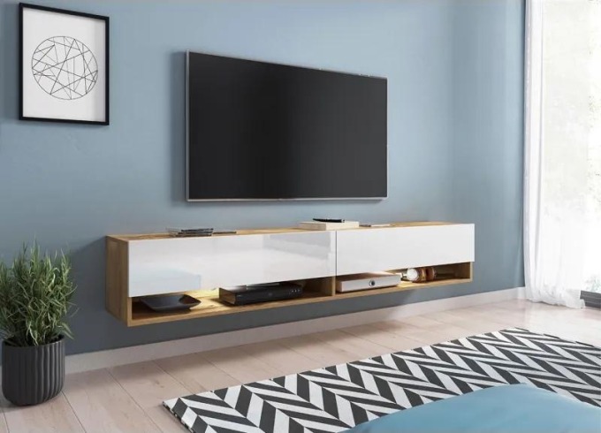 TV stolek Adenik 180, Barva: wotan / bílý lesk, Osvětlení: osvětlení LED RGB - barevné