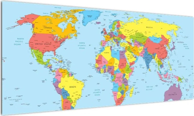 Obraz světové mapy na speciálním plátně s vnitřním nosným rámem, dodání do 5 dní