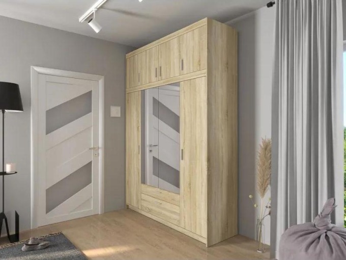Šatní skříň se zrcadlem Melen 4D + nástavec, Barva: dub sonoma