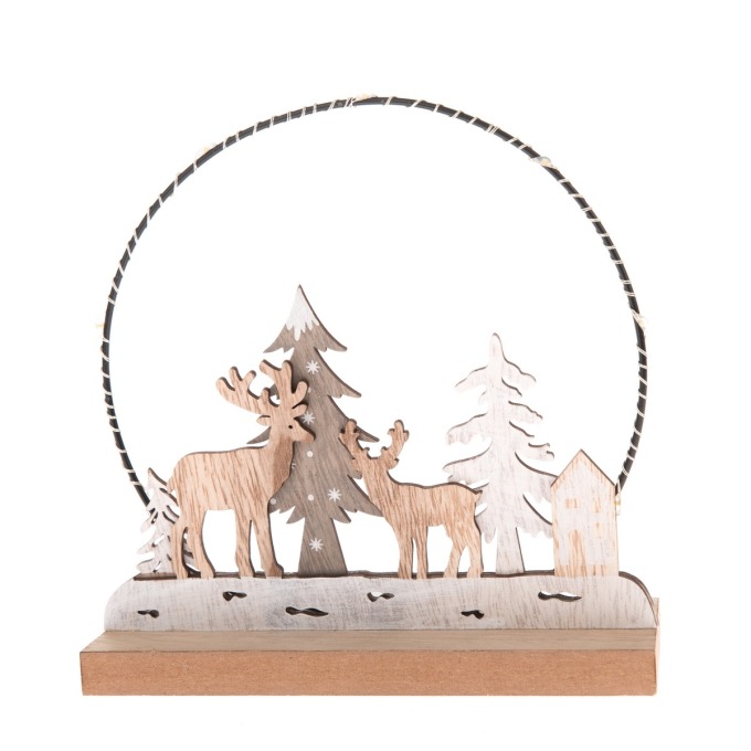 Dřevěná vánoční dekorace s LED světlem Deer forest, 16 x 16 x 6 cm