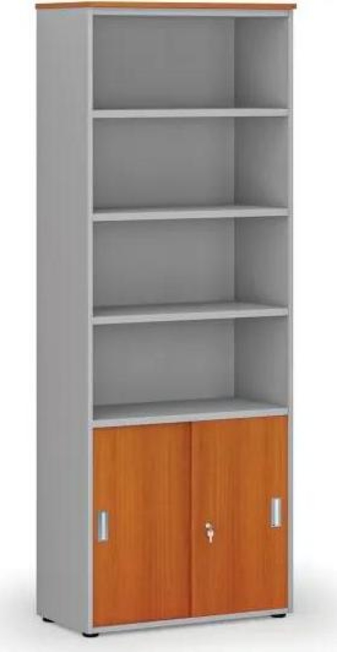 Kombinovaná kancelářská skříň PRIMO GRAY, zasouvací dveře na 2 patra, 2128 x 800 x 420 mm, šedá/třešeň