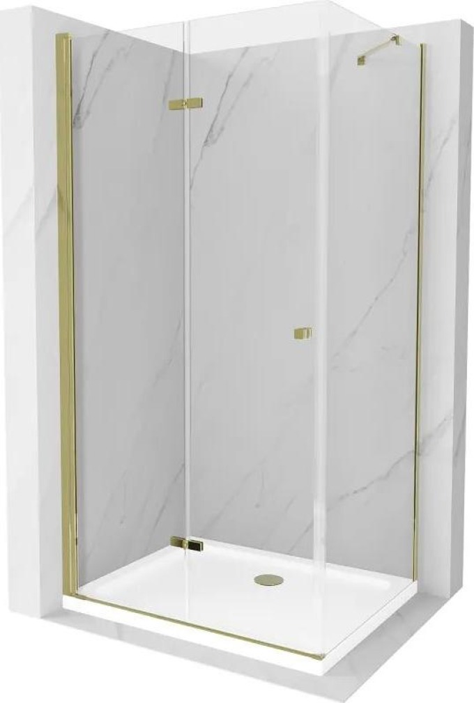 Mexen Lima skládací sprchový kout 80 x 90 cm, Průhledné, Zlatá + sprchová vanička Flat - 856-080-090-50-00-4010