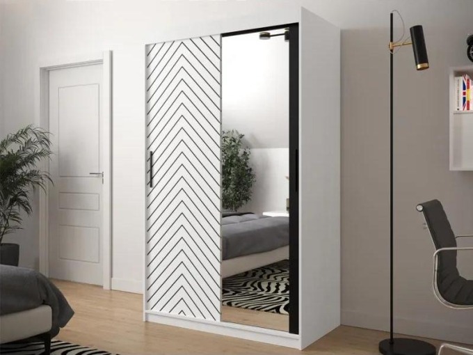 Moderní šatní skříň se zrcadlem Ratintu 2 120 cm, Úložný prostor: ano, Barva: bílá / bílá + černý mat