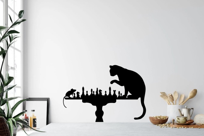 Lepy.cz Samolepka na zeď Kočka a myš - šachy Velikost (šířka x výška): 40x28cm, Barevná varianta: Světle růžová