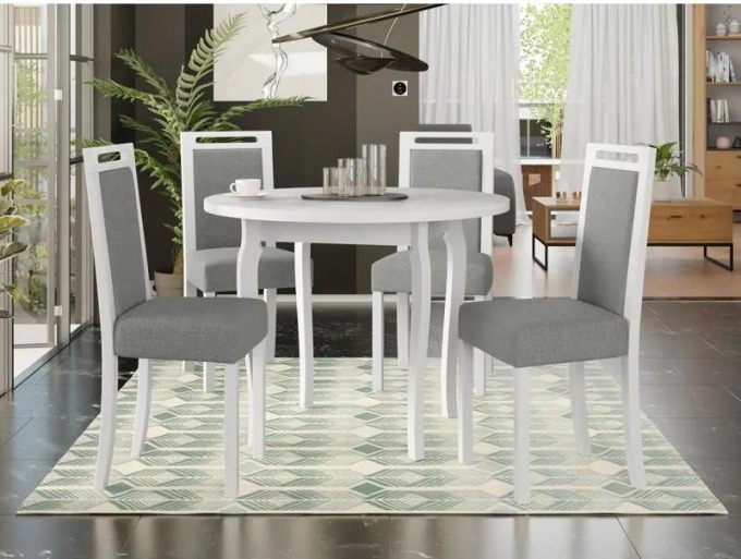 Jídelní stůl se 4 židlemi AL18, Barva dřeva: bílá, Potah: Hygge D91