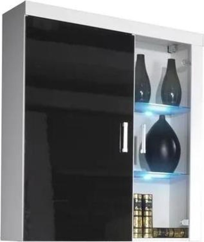 Závěsná vitrína Mamba, Osvětlení: osvětlení LED RGB - barevné, Barva: bílá / černý lesk