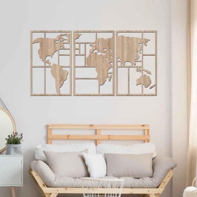 dřevo života Dřevěná mapa světa GEOMETRY Barevný vzor: Světlý dub, Velikost map: 90x48
