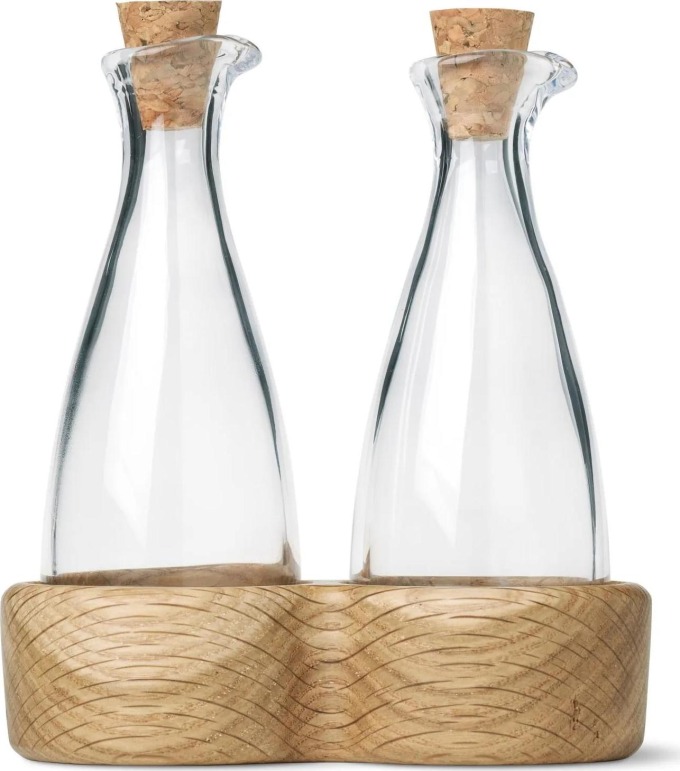 Kay Bojesen Denmark Skleněné lahvičky na olej a ocet Menageri, čirá barva, přírodní barva, sklo, dřevo