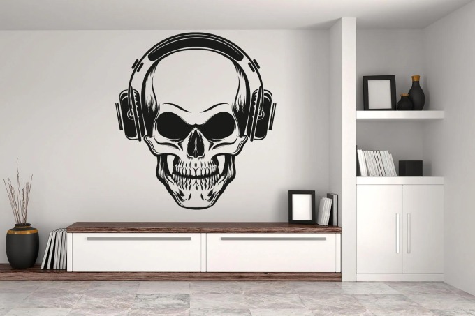 Lepy.cz Samolepka na zeď Lebka se sluchátky Velikost (šířka x výška): 85x93cm, Barevná varianta: Levandulová