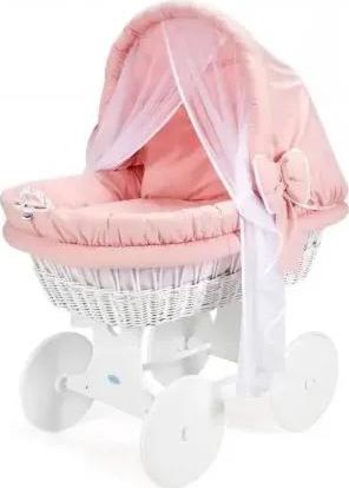 Proutěný Mojžíšův koš pro miminko s matrací a doplňky Barva: Bílý košík, růžová výbavička