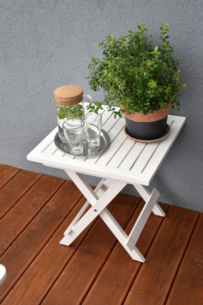 Dřevěný skládací stolek hranatý - praktický a malý stůl vhodný pro balkon, terasu i pod pergolu, bílá barva, rozměry 50 x 50 cm