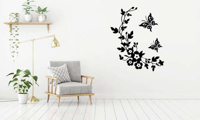Lepy.cz Samolepka na zeď Květina s motýly Velikost (šířka x výška): 90x108cm, Barevná varianta: Světle žlutá