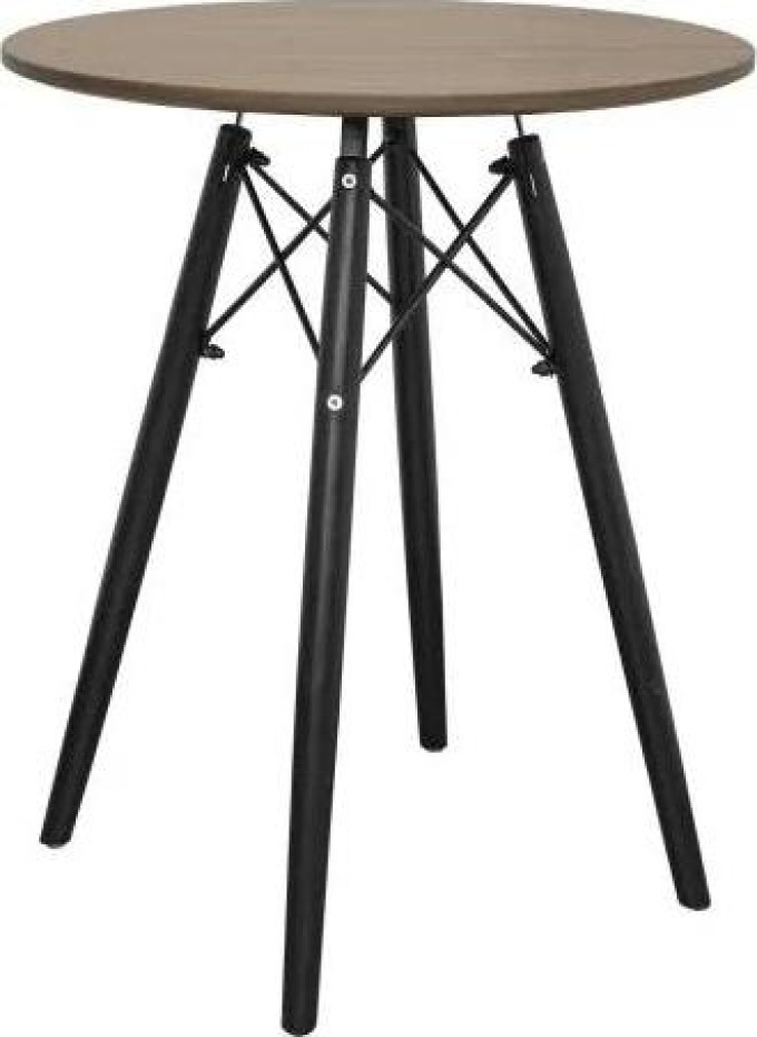 Kulatý konferenční stolek s matnou MDF deskou v barvě tmavý buk a nohama ze dřeva černý buk a ocelovým rámem