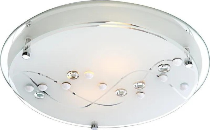 Stropní svítidlo s chromovaným kovem, satinovaným sklem, dekorativními kamínky a zrcadlovým okrajem, o průměru 32 cm a výšce 9 cm, bez žárovek