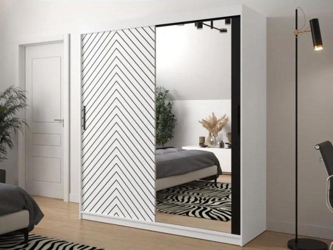 Moderní šatní skříň se zrcadlem Ratintu 2 180 cm, Úložný prostor: ne, Barva: bílá / bílá + černý mat