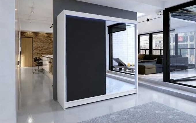 Šatní skříň Bar I, Barva: bílá + černá + zrcadlo, Osvětlení: osvětlení LED RGB - barevné