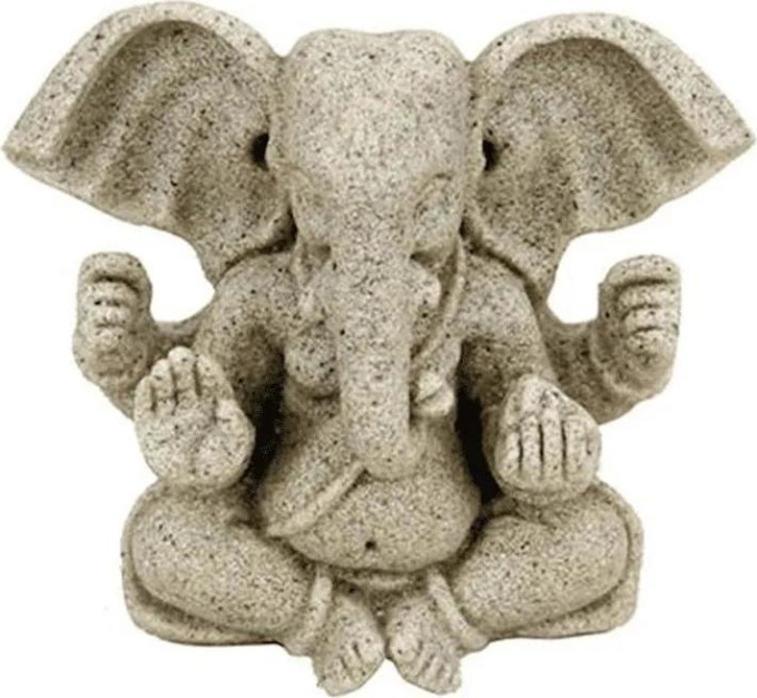 Pískovcová soška hinduistického boha Ganéša s čtyřmi pažemi a sloní hlavou, symbol odstraňování překážek a podpora vzdělání a moudrosti