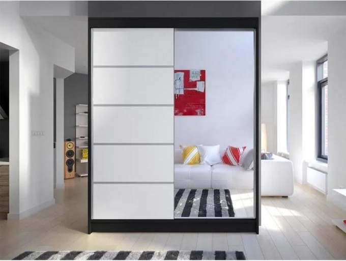 Šatní skříň Belgia III, Barva: černý + bílá + zrcadlo, Osvětlení: osvětlení LED RGB - barevné