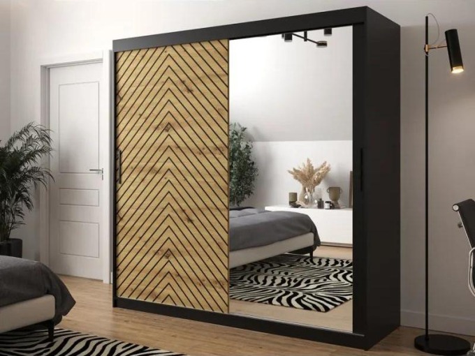 Šatní skříň se zrcadlem na jedné straně Ratintu 2 200 cm, Úložný prostor: ano, Barva: černá / dub artisan + černá