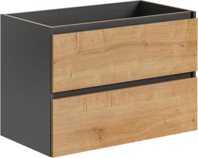 Závěsná skříňka pod umyvadlo v moderním designu s laminovanou dřevotřískou v dekoru dřeva a šedou barvou
