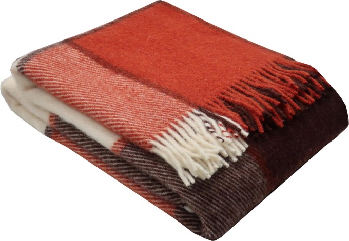 Vlněná deka CHARLES v odstínech terakotové a bílé barvy, vyrobena ze 100% jehněčí vlny, rozměry 140x205 cm