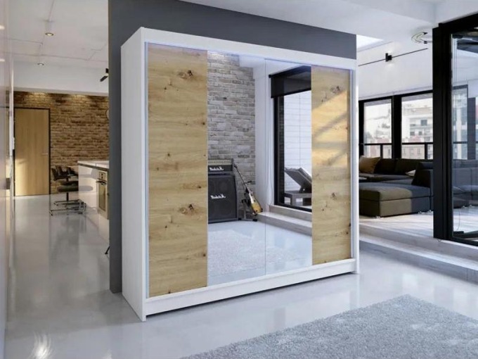 Šatní skříň Bar II, Barva: bíla/dub artisan, Osvětlení: osvětlení LED RGB - barevné