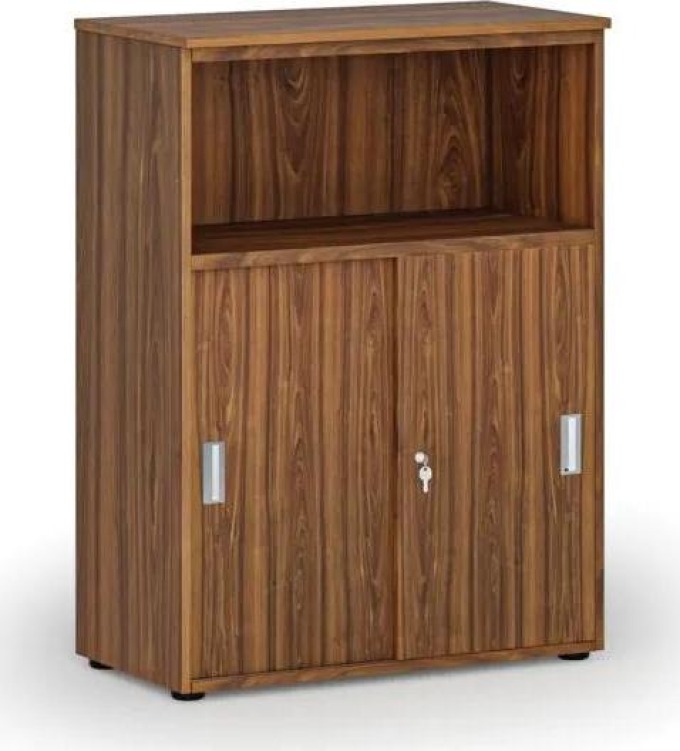 Kombinovaná kancelářská skříň se zásuvnými dveřmi PRIMO WOOD, 1087 x 800 x 420 mm, ořech