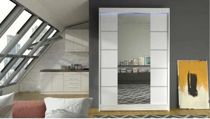Posuvná skříň Parys V, Barva: bílá / zrcadlo, Osvětlení: osvětlení LED RGB - barevné