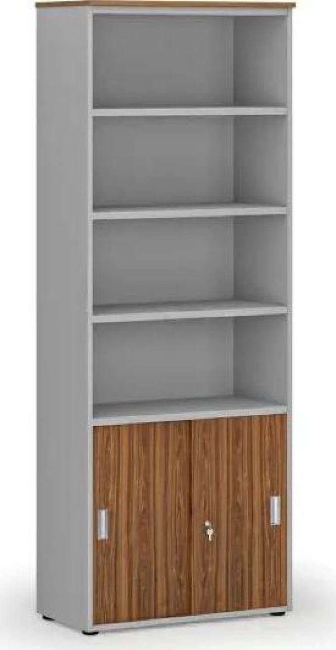 Kombinovaná kancelářská skříň PRIMO GRAY, zasouvací dveře na 2 patra, 2128 x 800 x 420 mm, šedá/ořech