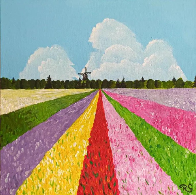 Ručně malovaný obraz - Pole tulipánů