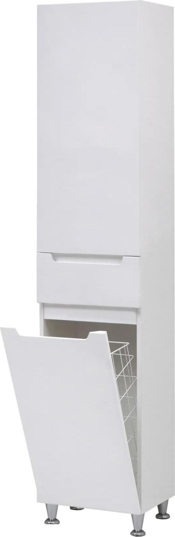 Moderní koupelnová skříňka s košem na prádlo, vysoká 190 x 35 x 31 cm, bílá barva, nožičky, pravá varianta, dvířka s panty, 1 šuplík, 2 skleněné police, chromované nohy