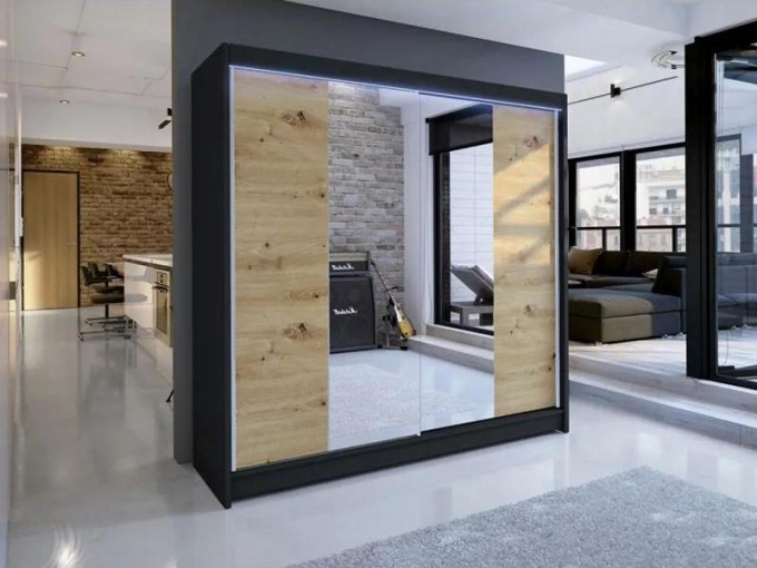 Šatní skříň Bar II, Barva: černá/dub artisan, Osvětlení: osvětlení LED RGB - barevné