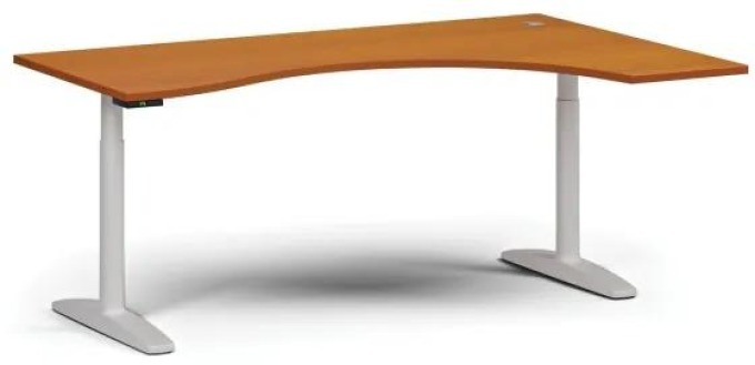 Výškově nastavitelný stůl OBOL, elektrický, 675-1325 mm, ergonomický pravý, deska 1800x1200 mm, bílá zaoblená podnož, třešeň