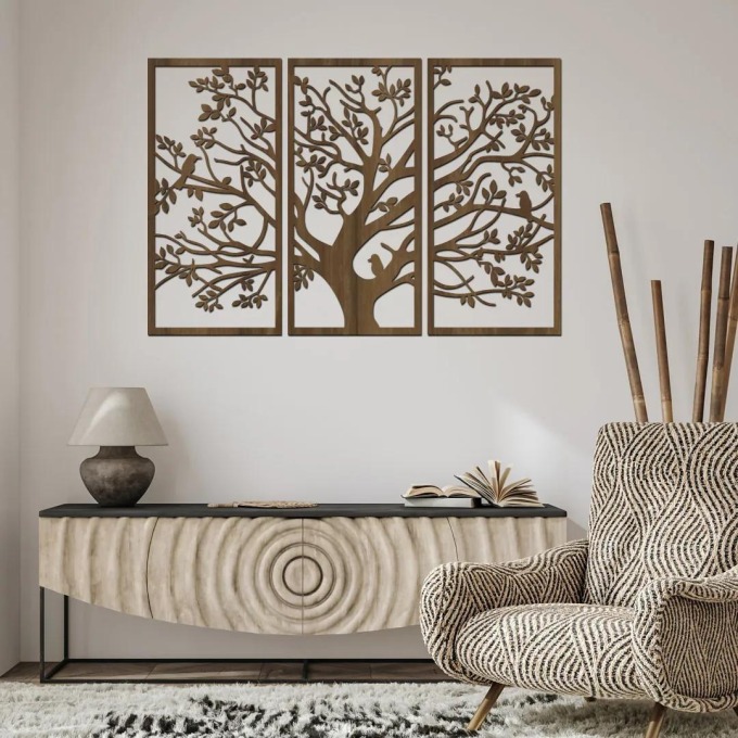 Krásný obraz s ptáky na zeď - 3 dílný dřevěný strom s magickou symbolikou a propojením země a nebe