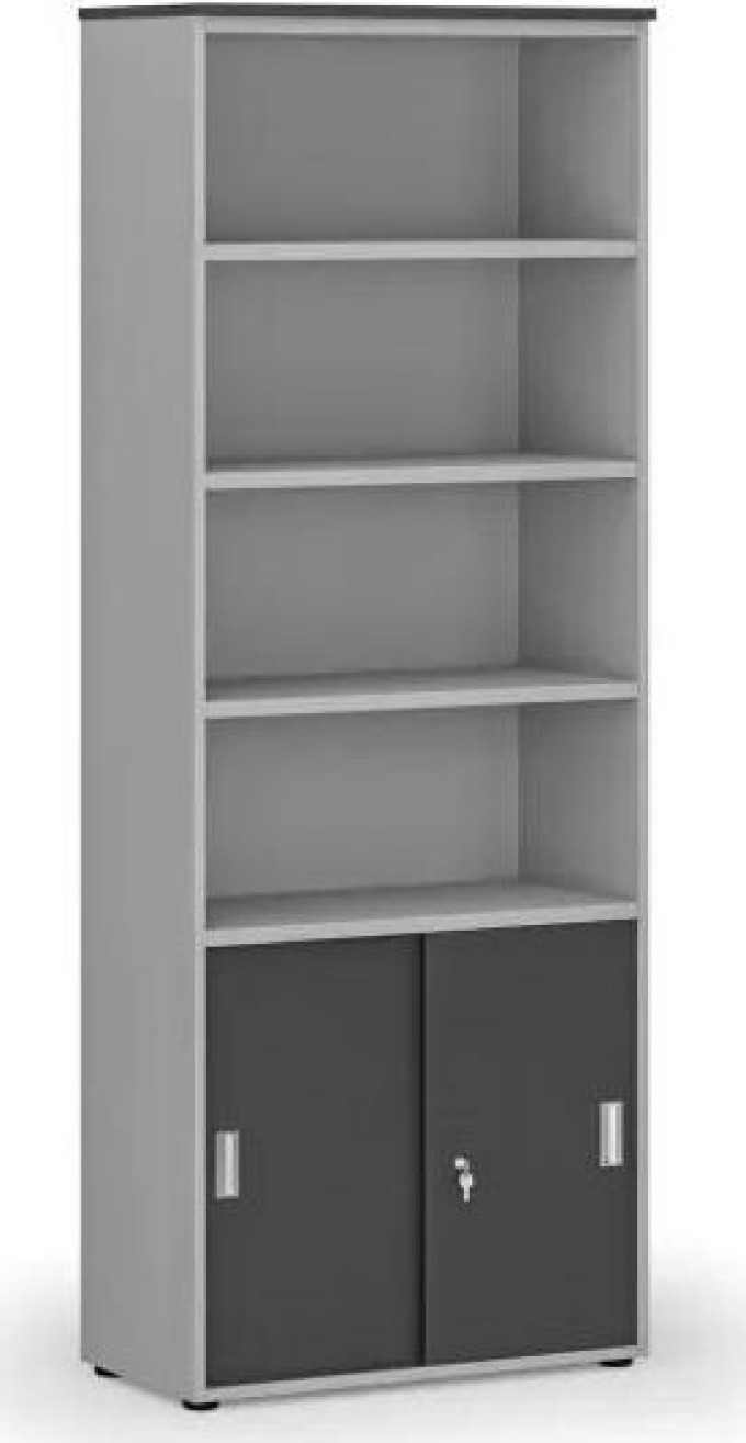 Kombinovaná kancelářská skříň PRIMO GRAY, zasouvací dveře na 2 patra, 2128 x 800 x 420 mm, šedá/grafit