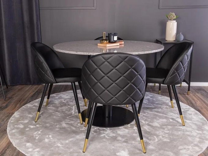 Moderní stolová souprava s luxusním kulatým stolem z teraca ve šedé a černé ekokůži